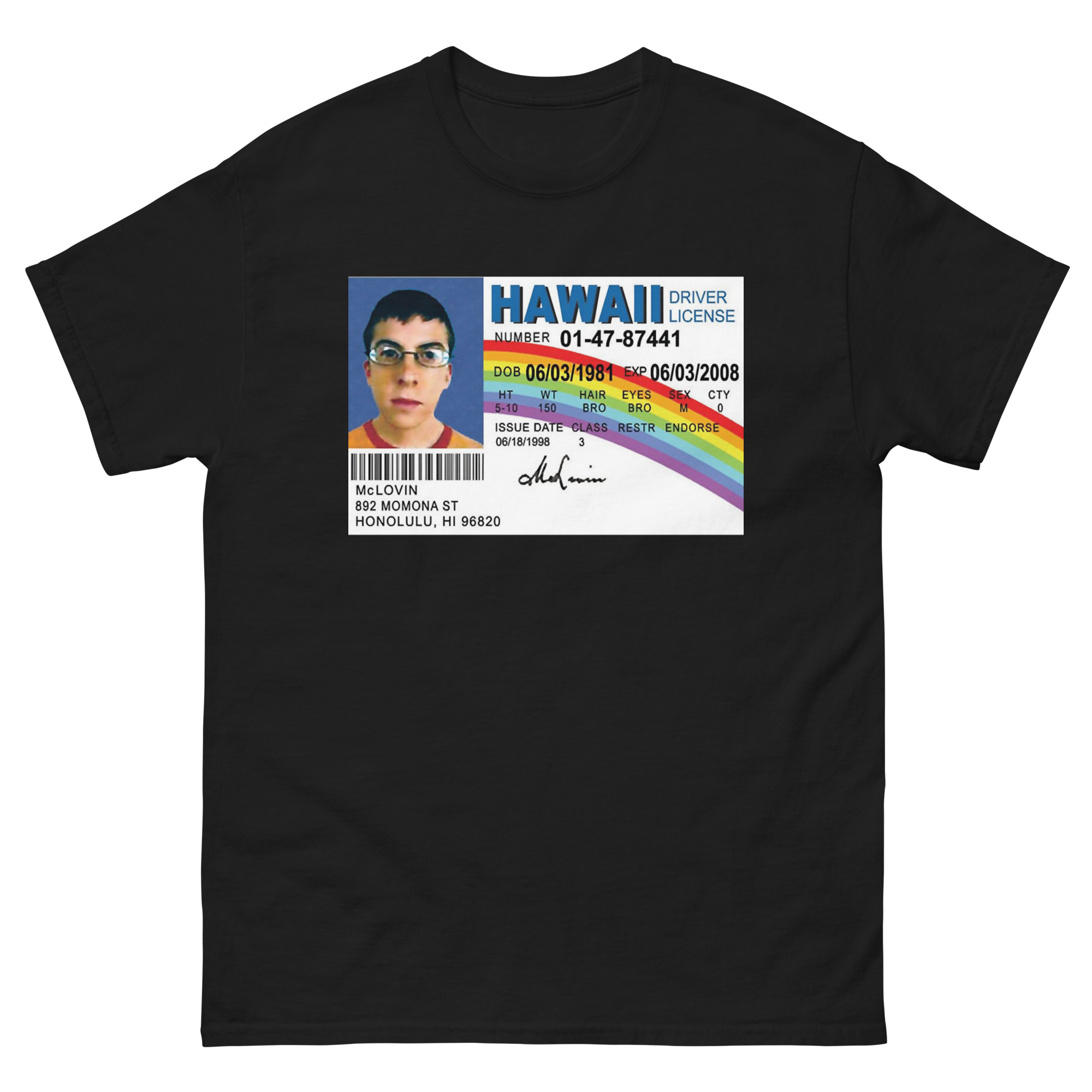 Maglietta Uomo McLovin Patente Hawaii - Ispirata Al Film - Nera Taglia L